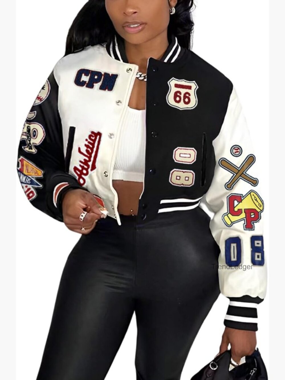 Cropped Bomber Varsity Jacket with Patches Print Faux Leather Street Style S-XXL